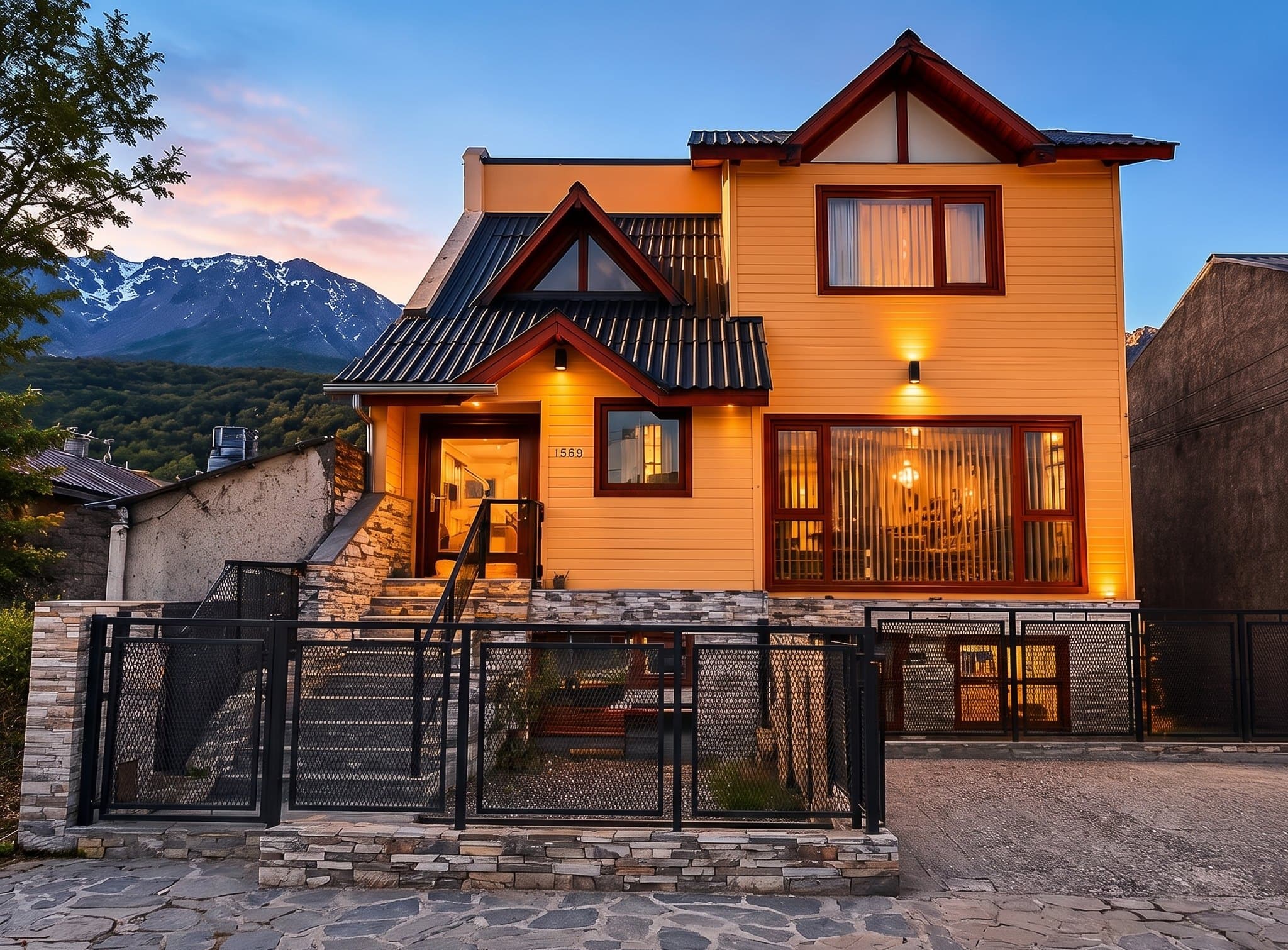 Fachada de Departamentos La Fe al atardecer, con el cordón montañoso de Ushuaia detrás